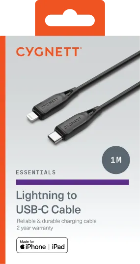 Essentials Lightning To USB-C Cable - Black 1m