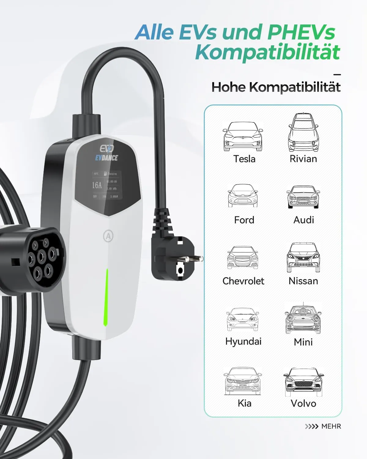 EVDANCE Type 2 16A 230V Portable Adjustable Schuko EV Charger