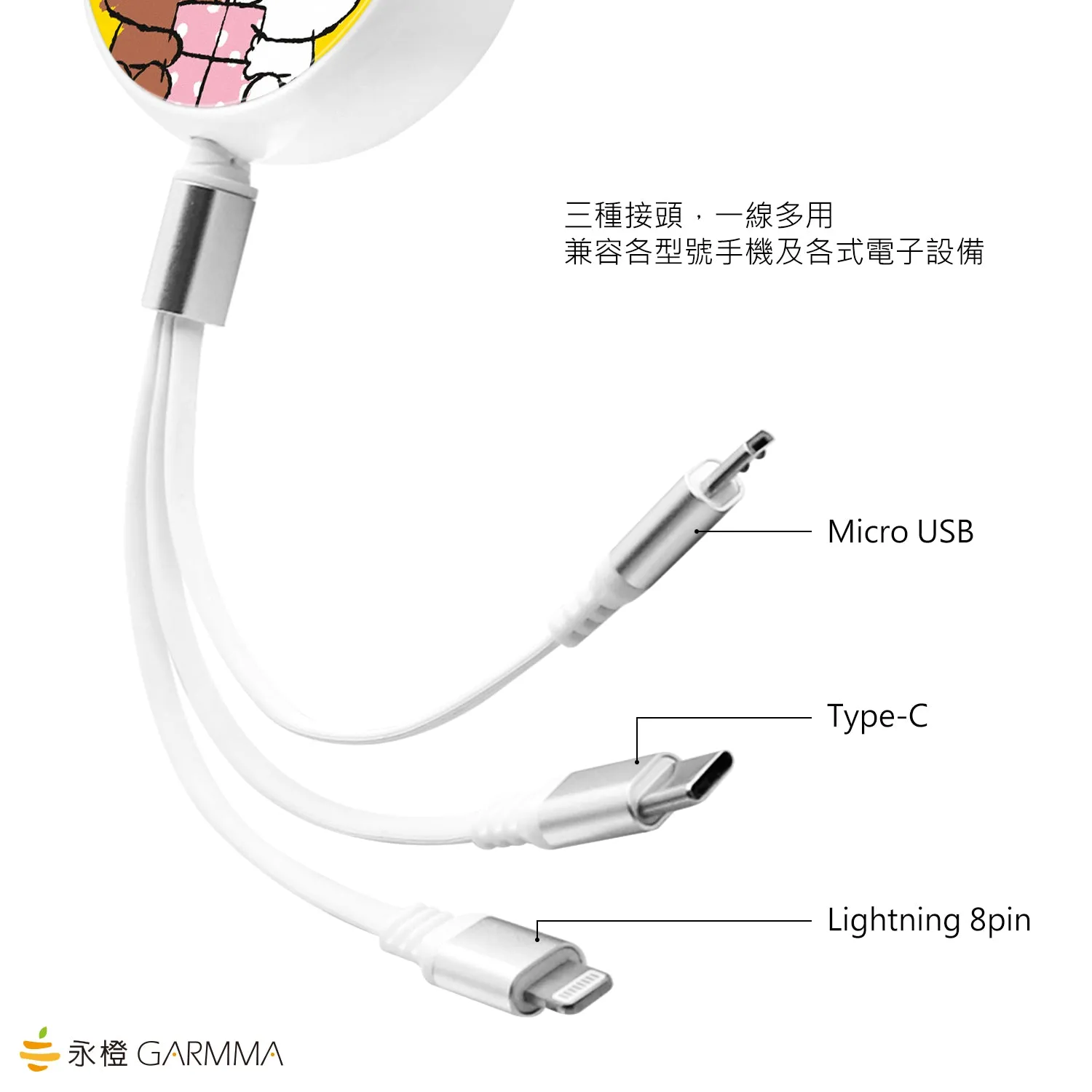 GARMMA Line Friends 3-in-1 Lightning Type-C Micro USB Cable