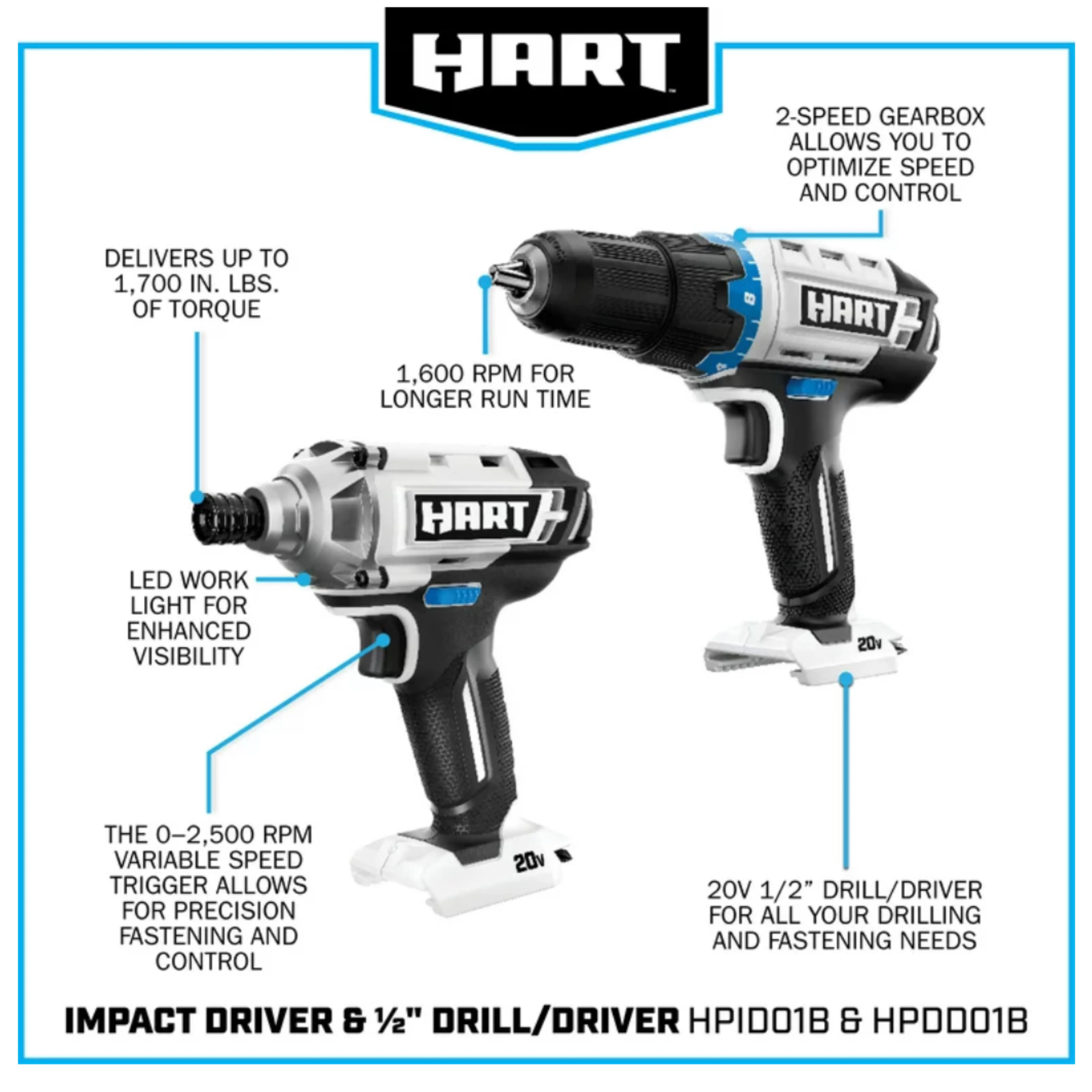 HART 20-Volt Cordless 6-Tool Combo Kit (1) 4.0Ah & (1) 1.5Ah Lithium-Ion Batteries, Charger and Storage Bag