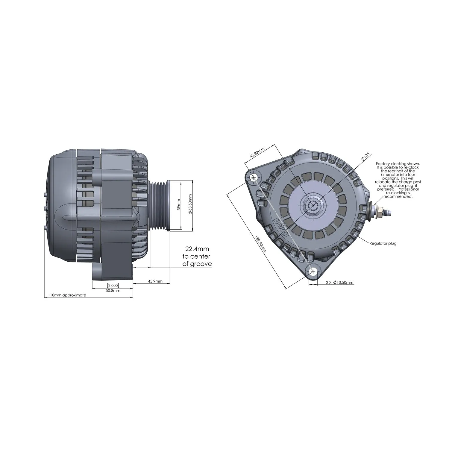 Holley Alternator - 12V - Internal Regulator - 6 Rib Serpentine Pulley - OE Plug/1 Wire - Aluminum - Black