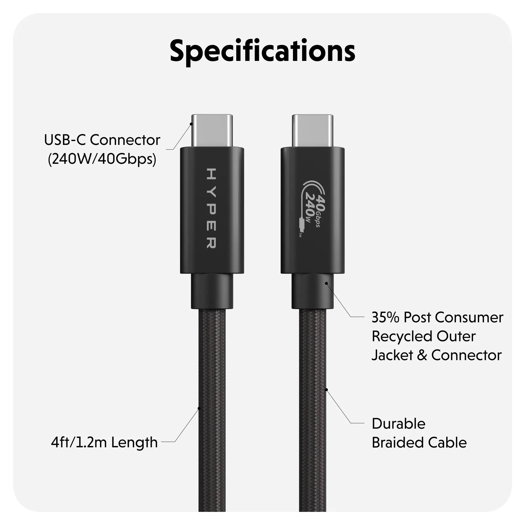 HyperDrive Next USB4 Type-C Performance Cable (1.2m/4ft) - Black