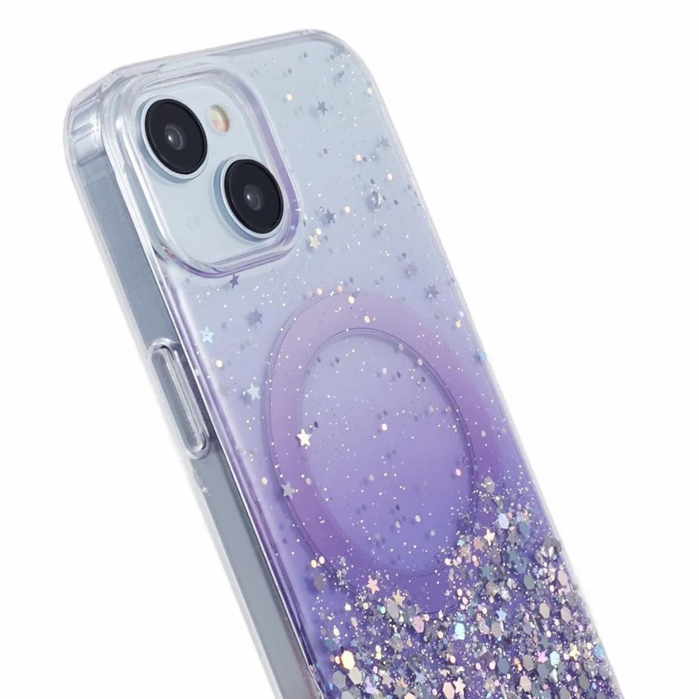 iPhone 15 MagSafe case with acrylic back and color gradient in glitter design - Purple