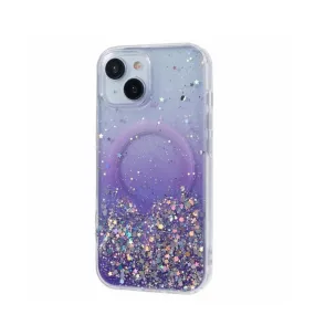 iPhone 15 MagSafe case with acrylic back and color gradient in glitter design - Purple