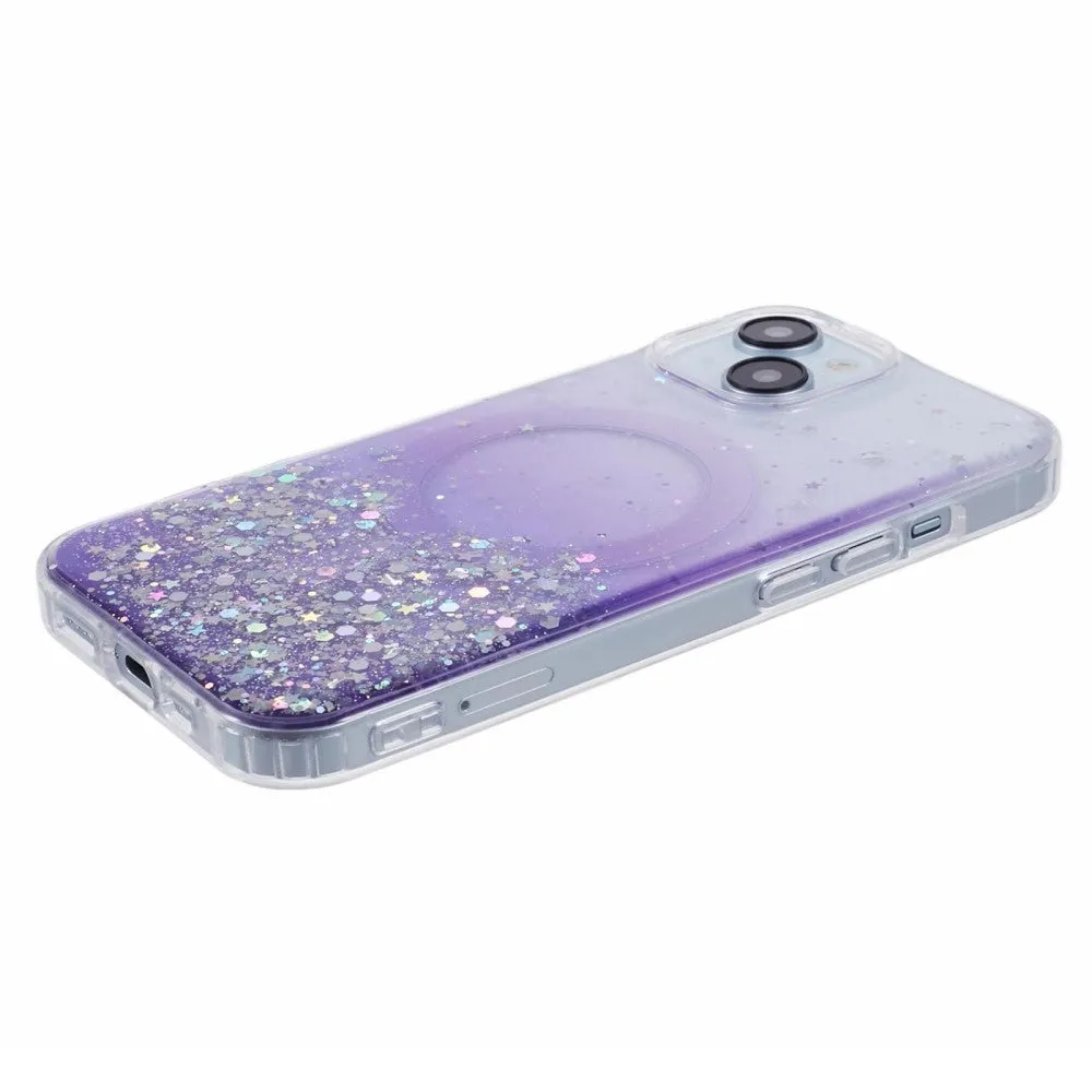 iPhone 15 MagSafe case with acrylic back and color gradient in glitter design - Purple