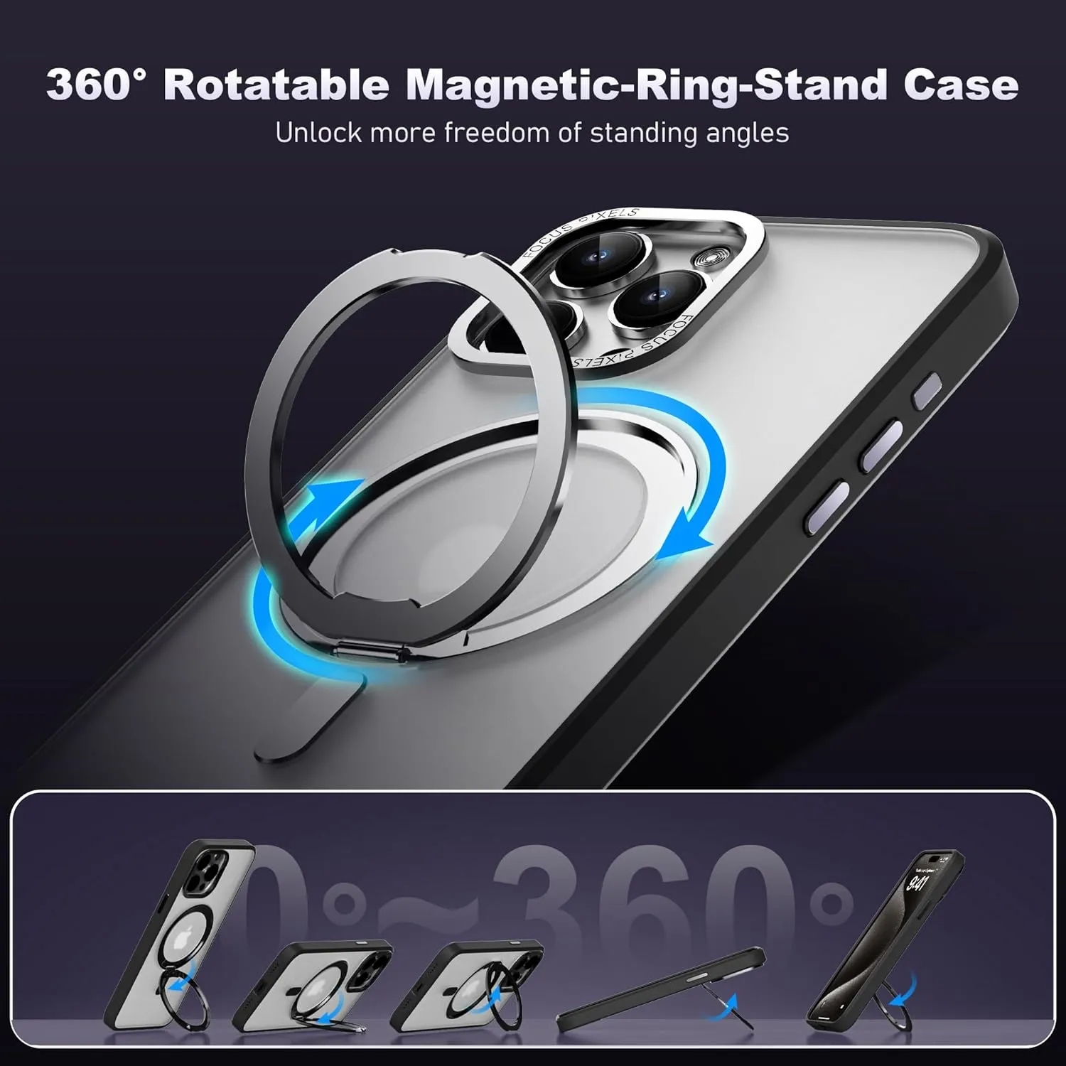 iPhone 15 Pro Case with 360° Rotatable Magnetic Ring Stand