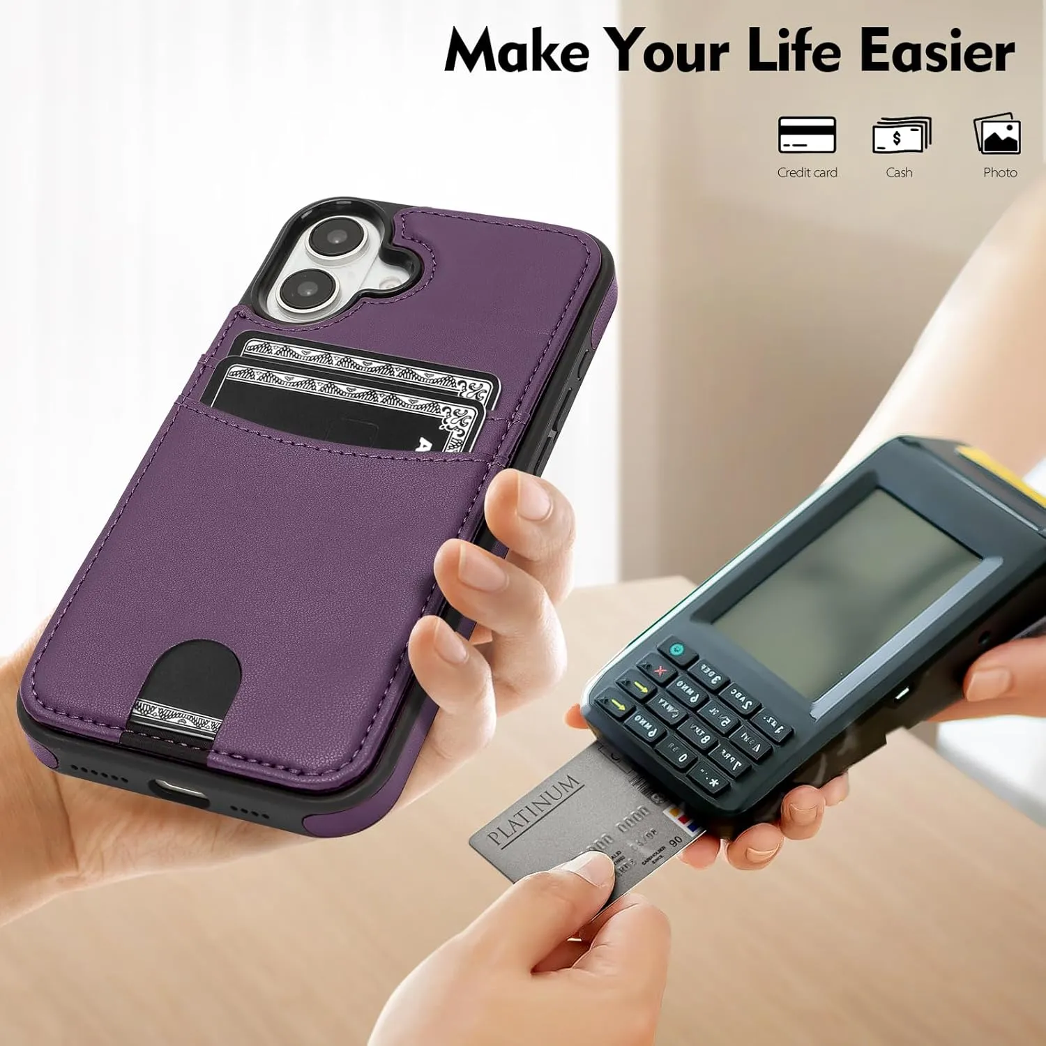 iPhone 16 Wallet Case Card Holder Kickstand RFID Blocking Flip Cover Phone Case Light Purple