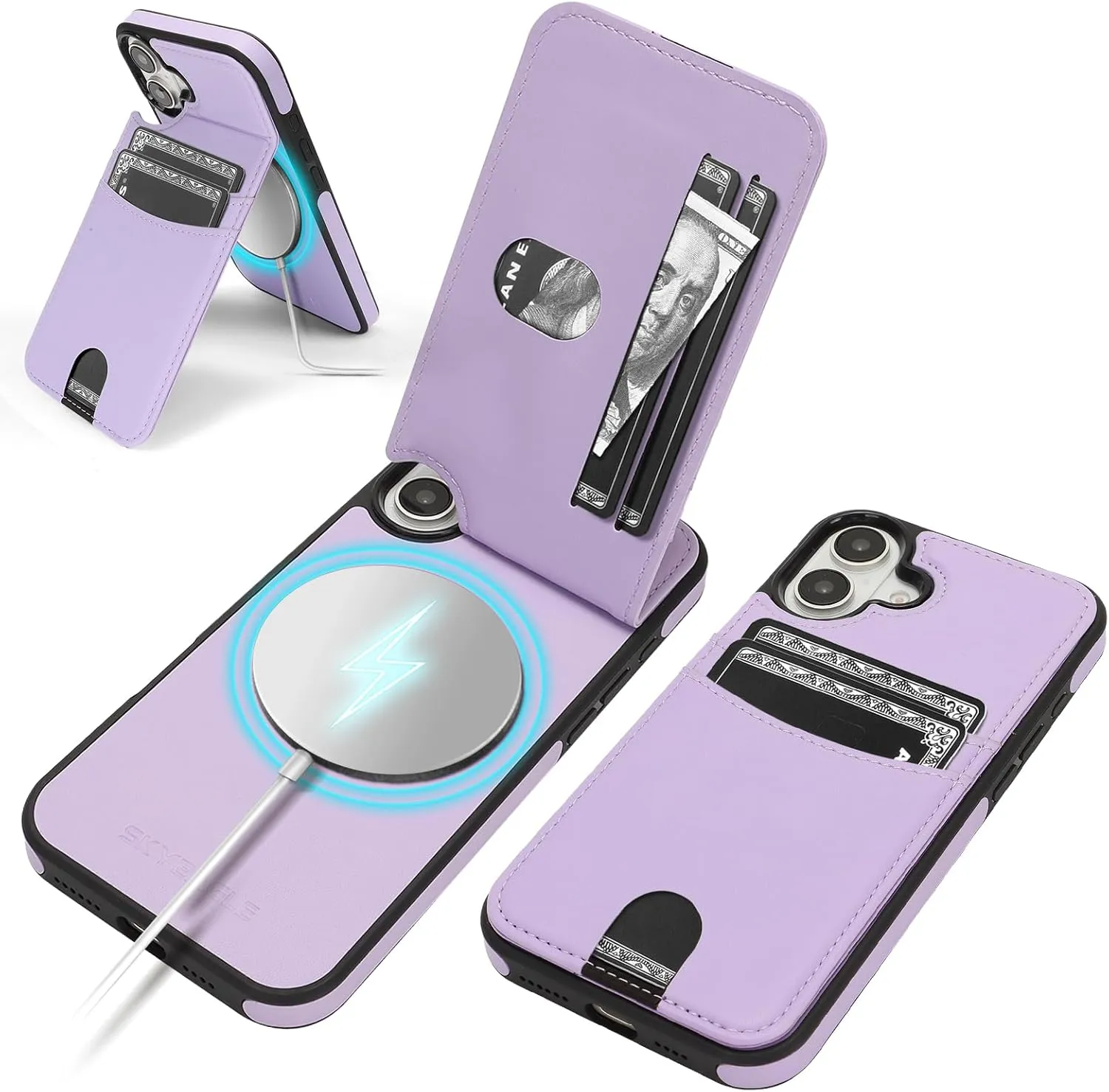 iPhone 16 Wallet Case Card Holder Kickstand RFID Blocking Flip Cover Phone Case Light Purple