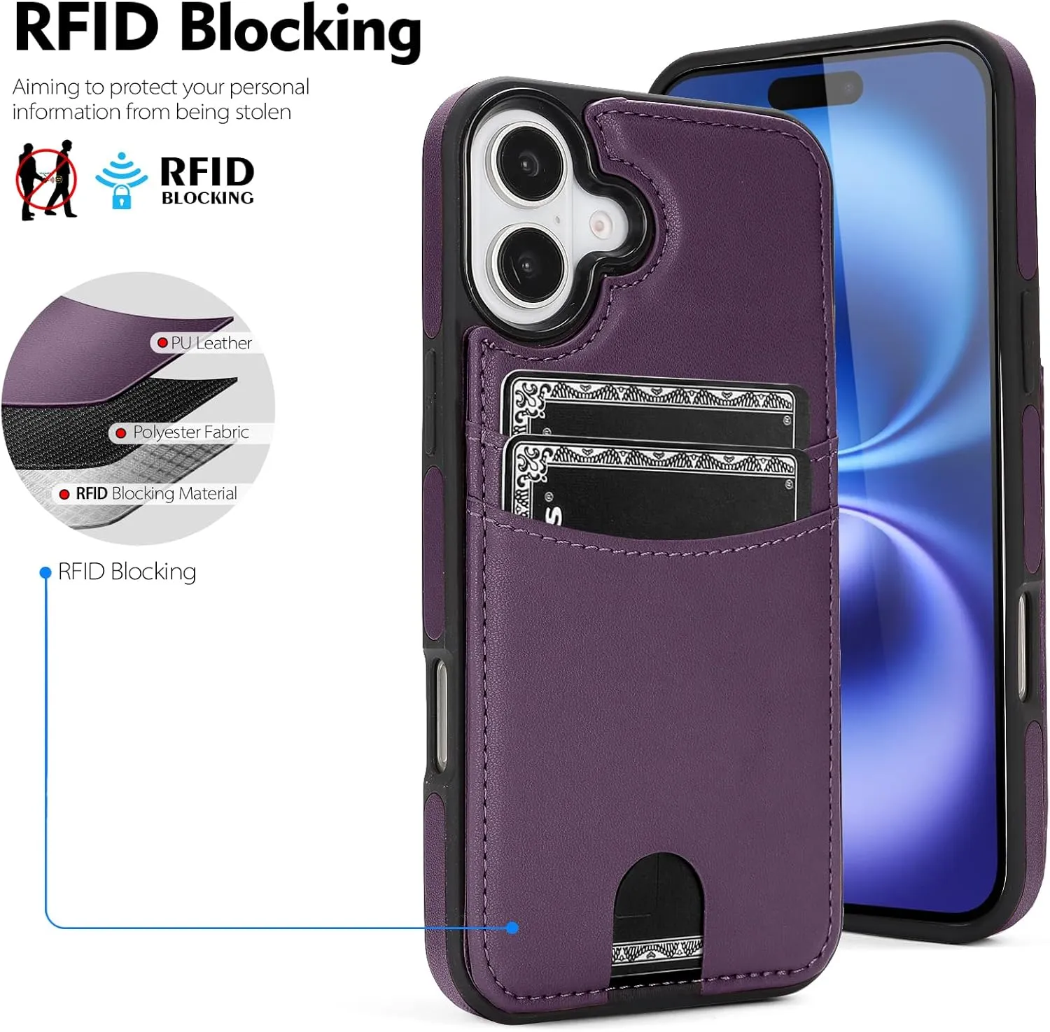 iPhone 16 Wallet Case Card Holder Kickstand RFID Blocking Flip Cover Phone Case Light Purple