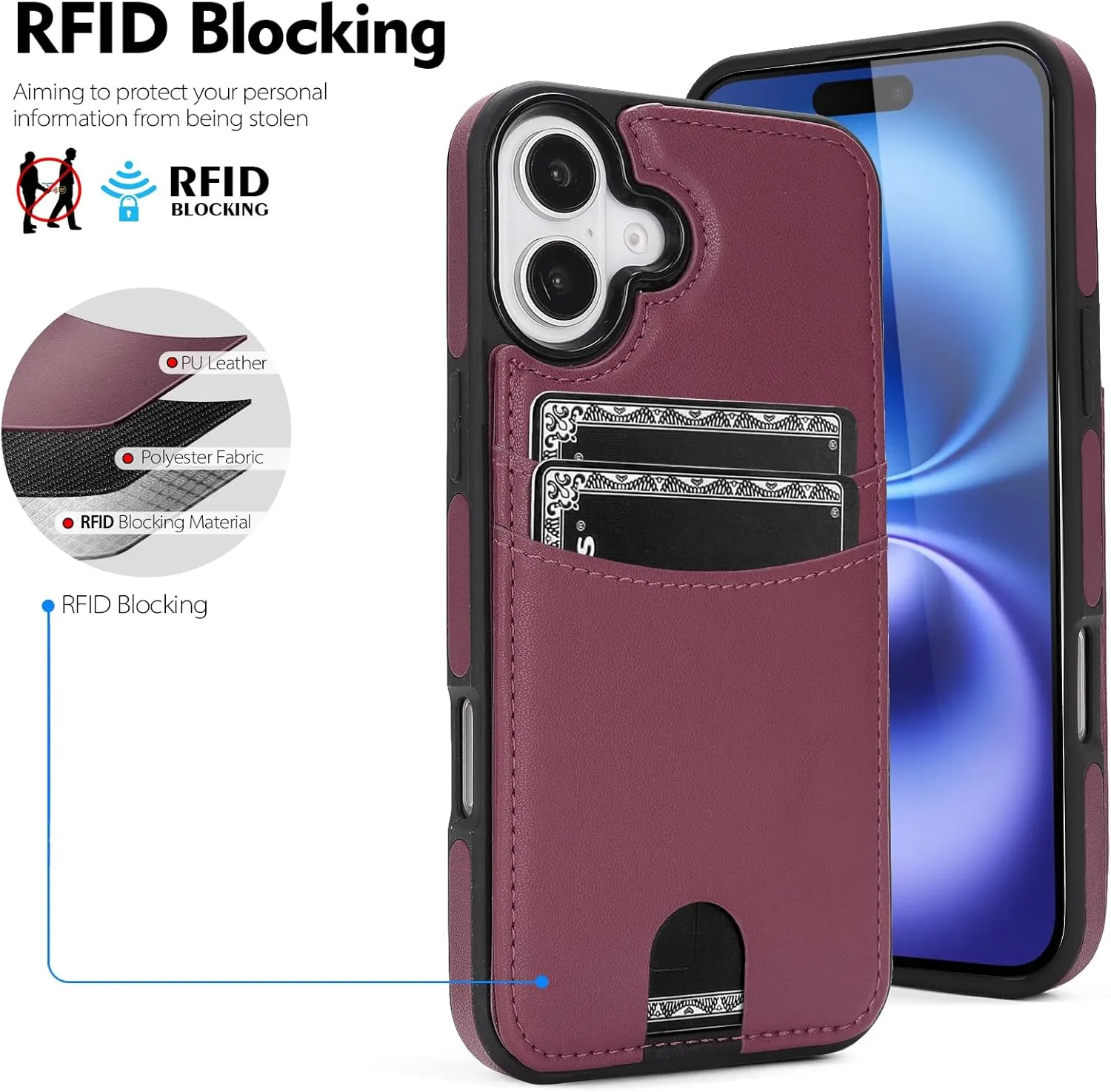 iPhone 16 Wallet Case Card Holder Kickstand RFID Blocking Flip Cover Phone Case Light Purple