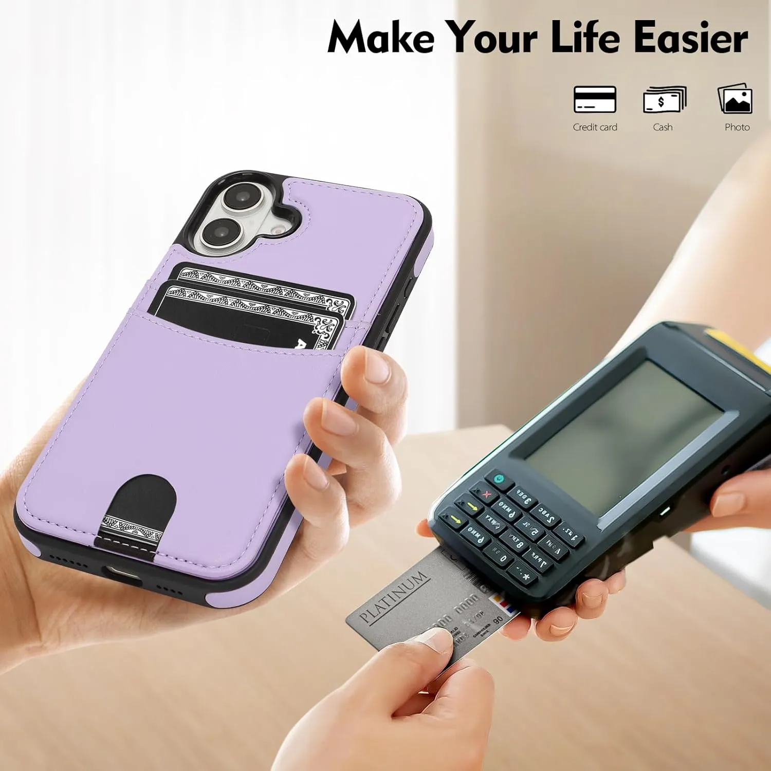 iPhone 16 Wallet Case Card Holder Kickstand RFID Blocking Flip Cover Phone Case Light Purple