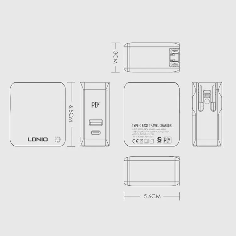 LDNIO A4403C 30W PD Fast Travel Charger with Foldable Plug & 1m Micro USB Cable, EU Plug