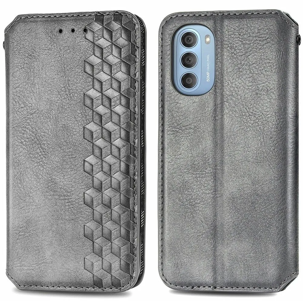 Leather case with a stylish rhombus imprint for Motorola Moto G51 5G - Grey