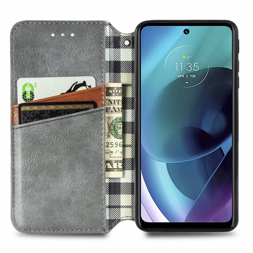 Leather case with a stylish rhombus imprint for Motorola Moto G51 5G - Grey