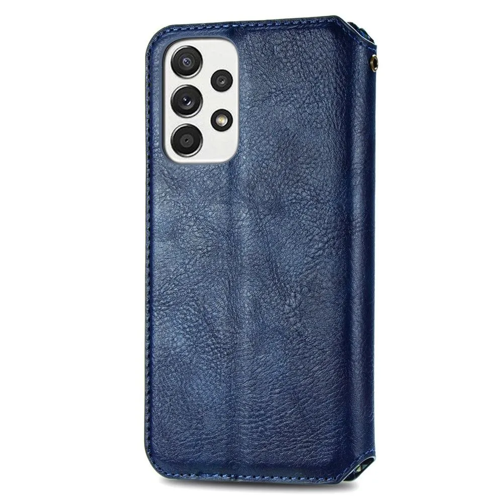 Leather case with a stylish rhombus imprint for Samsung Galaxy A73 - Blue