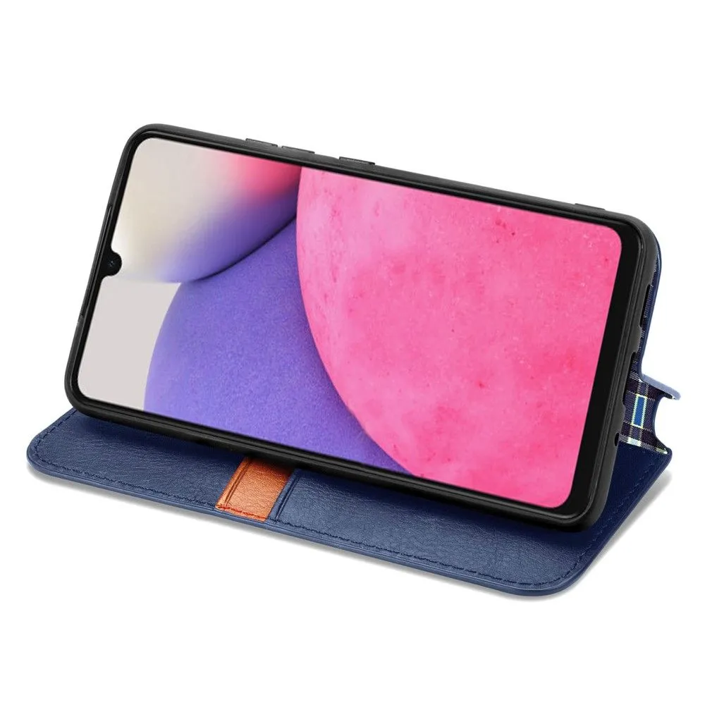 Leather case with a stylish rhombus imprint for Samsung Galaxy A73 - Blue