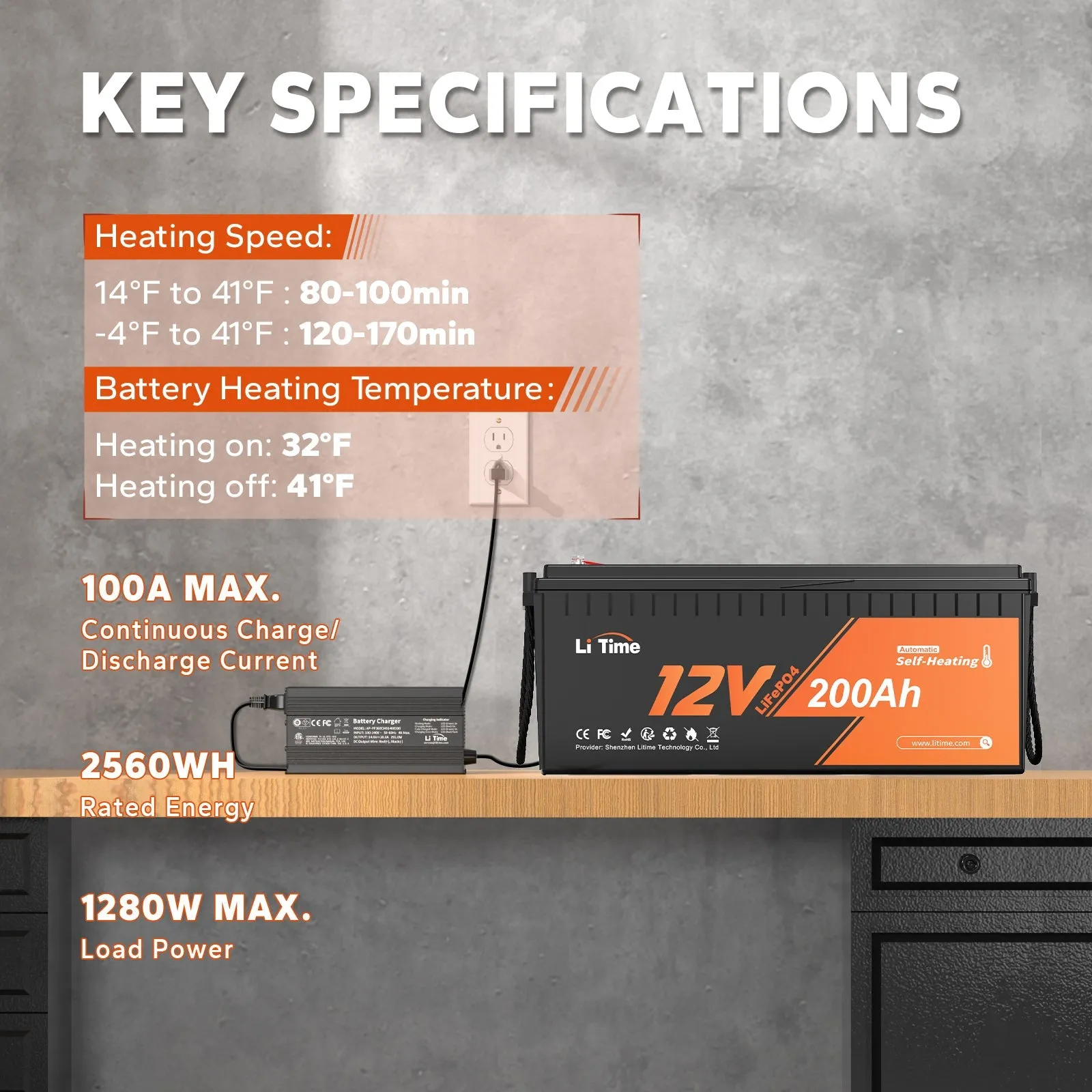 LiTime 12V 200Ah Self-Heating Lithium Battery - 100A BMS