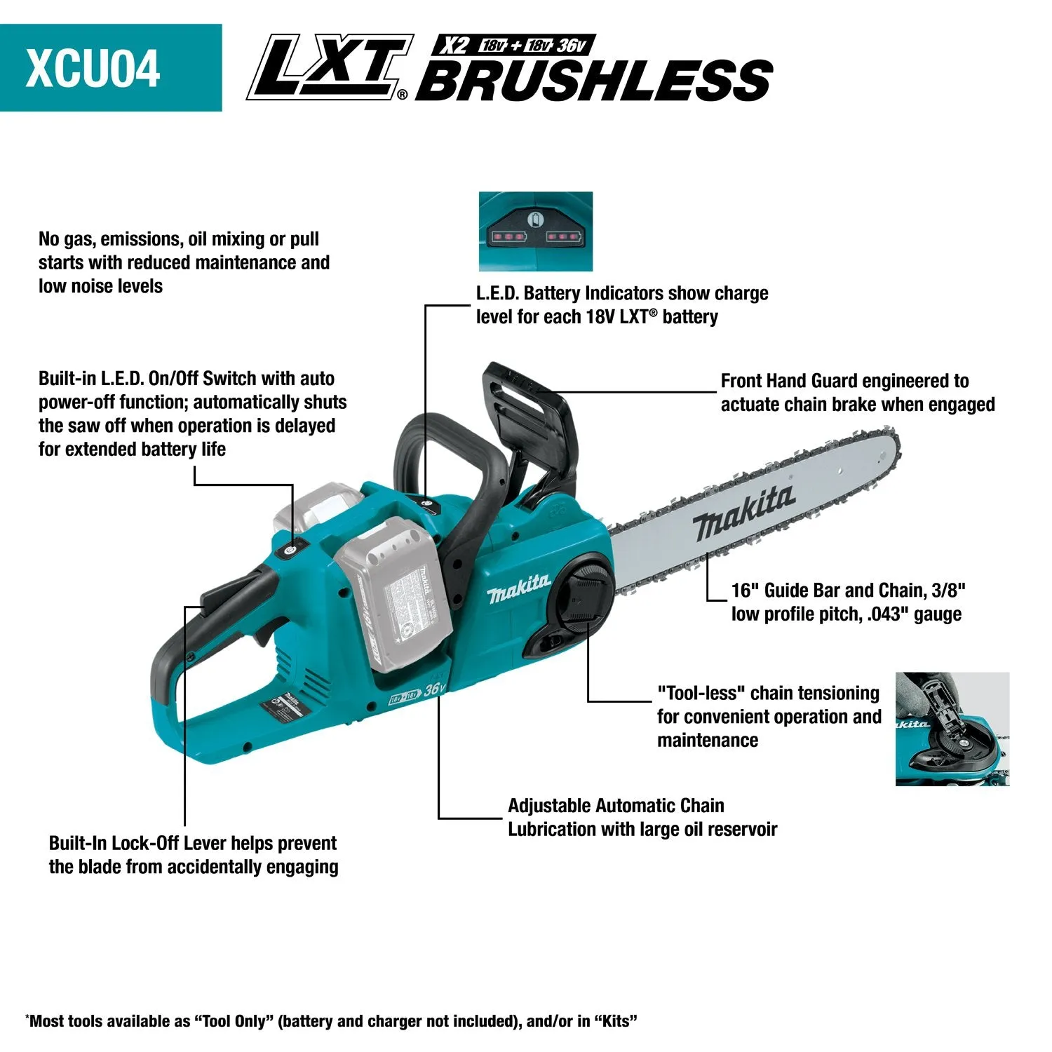 Makita (XCU04PT) 36V (18V X2) LXT® Brushless 16" Chain Saw Kit (5.0Ah)