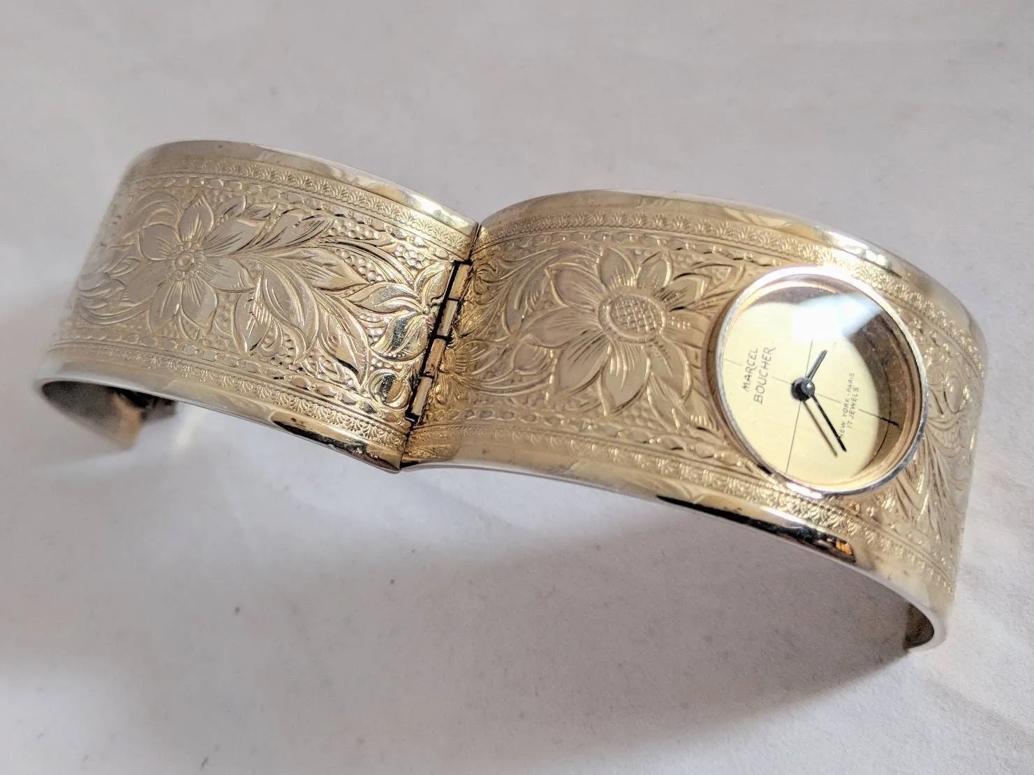 Marcel Boucher Mid-Century Watch – Spring-Hinged Clamper Bracelet, 17 Jewels, Floral Design, Rare Collectible