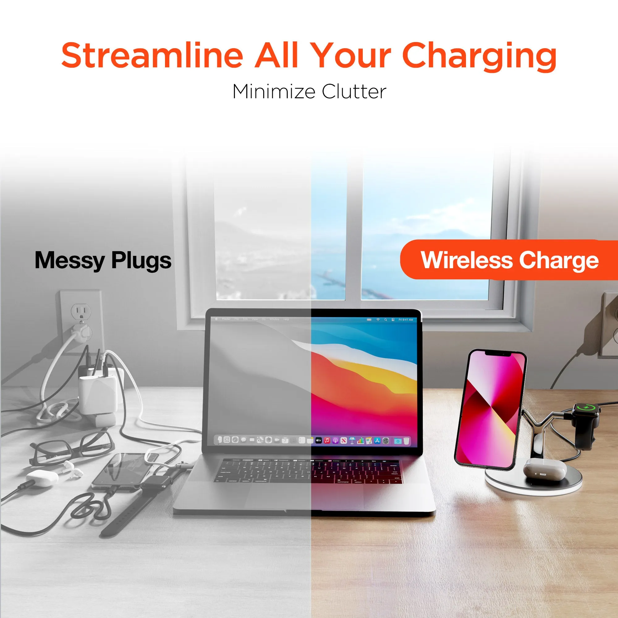 MaxCharge 3-in-1 Wireless Charging Stand with 15W Magnetic Wireless Fast Charge | Black