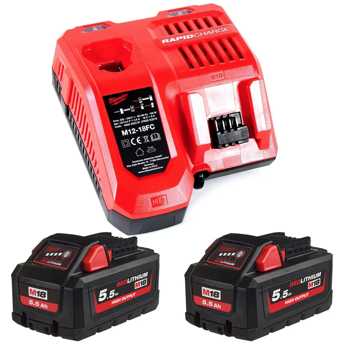 Milwaukee M18 HB5.5 18V RedLithium-Ion High Output 2 x 5.5Ah Battery with Fast Charger