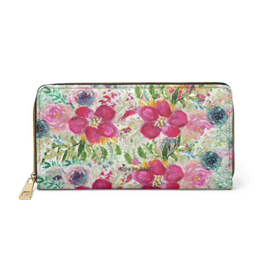 Mixed Floral Rose Zipper Wallet, Floral Elegant Long Compact Designer Premium Quality Women's Wallet