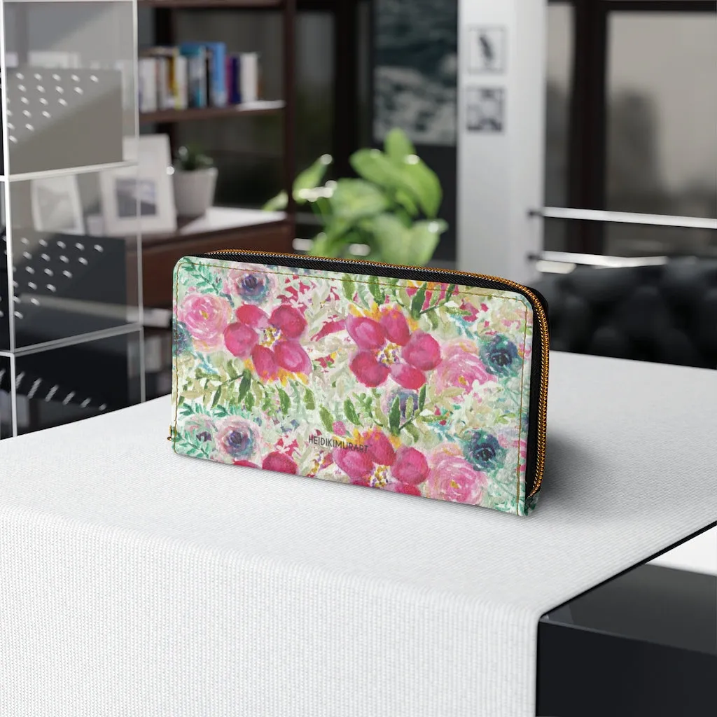 Mixed Floral Rose Zipper Wallet, Floral Elegant Long Compact Designer Premium Quality Women's Wallet