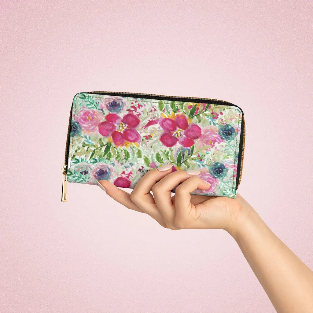 Mixed Floral Rose Zipper Wallet, Floral Elegant Long Compact Designer Premium Quality Women's Wallet