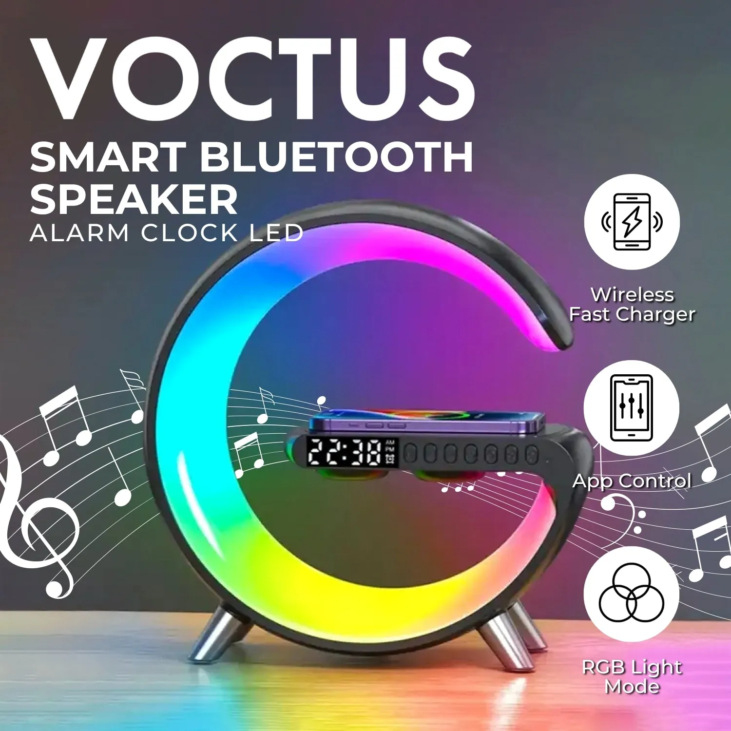 Multifunctional Bedside Lamp with Wireless Charger, Speaker, Clock - VOCTUS