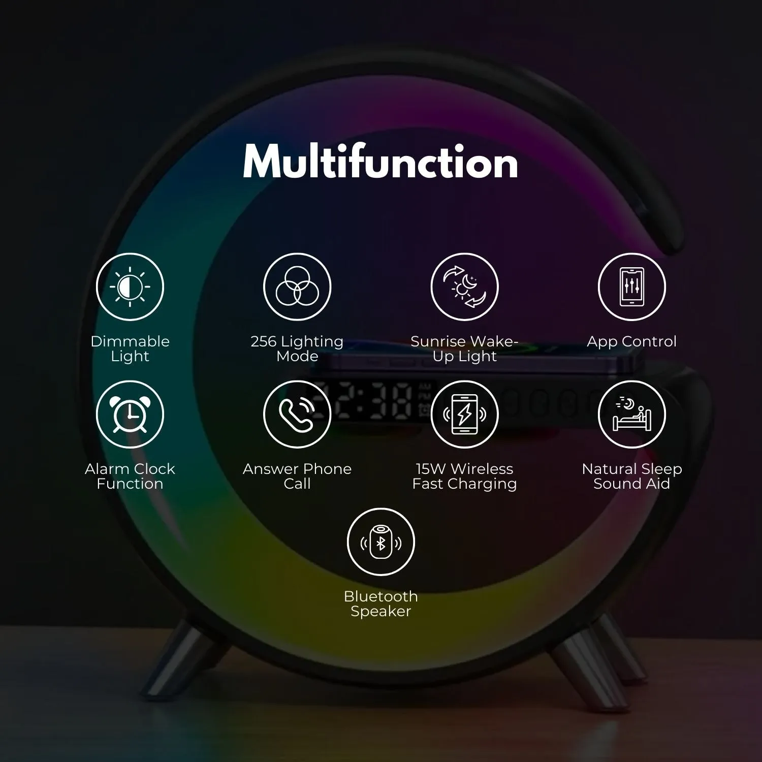 Multifunctional Bedside Lamp with Wireless Charger, Speaker, Clock - VOCTUS