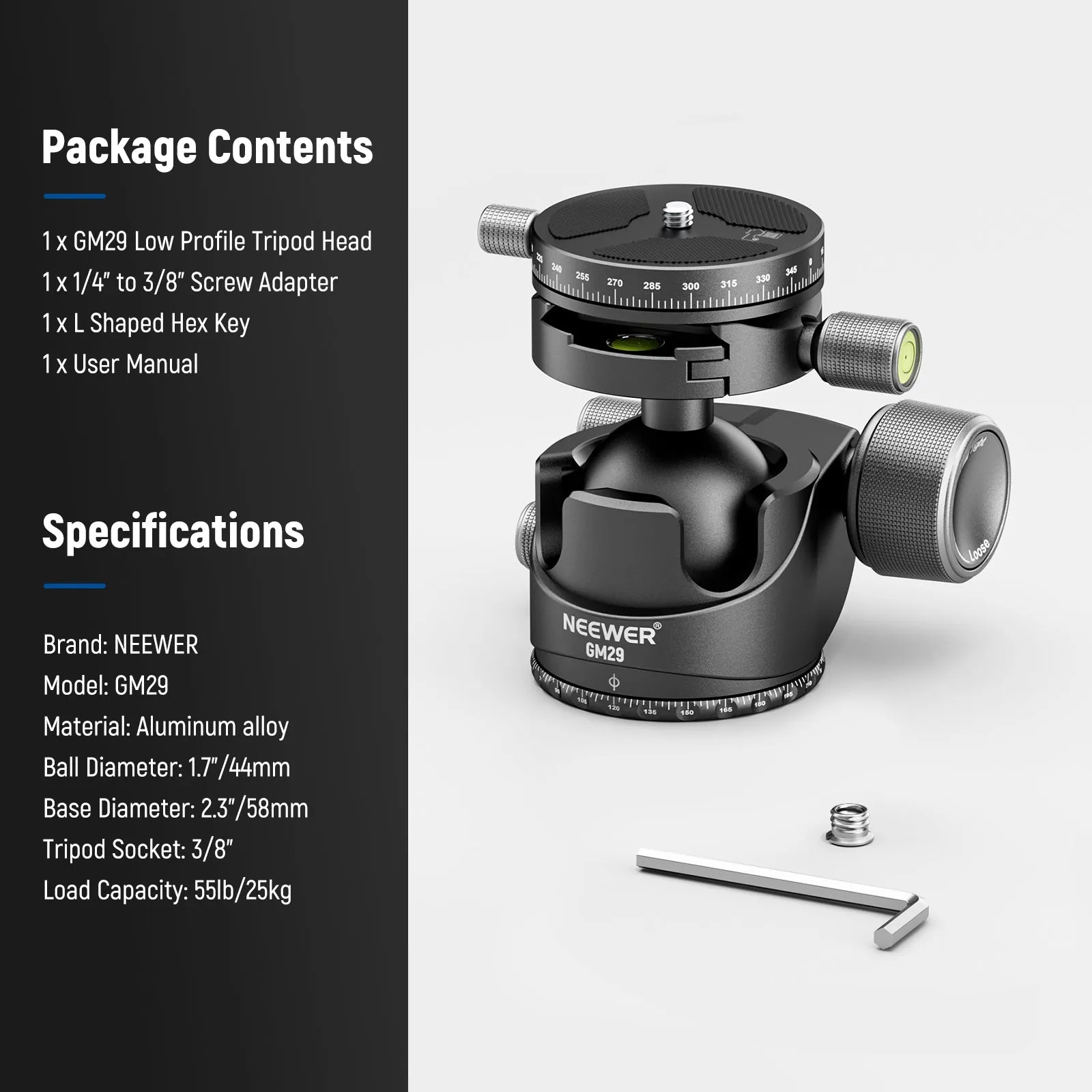 NEEWER GM29 Low Profile Aluminum Alloy Tripod Head