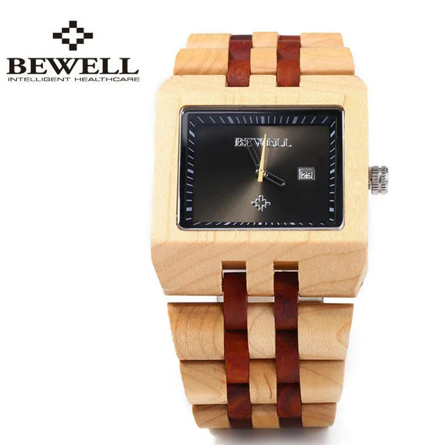 New Fashion Male Wooden Watch Men Top Luxury Brand Bewell Dress Wristwatch Analog Quartz Rectangle Dial Watches reloj hombre