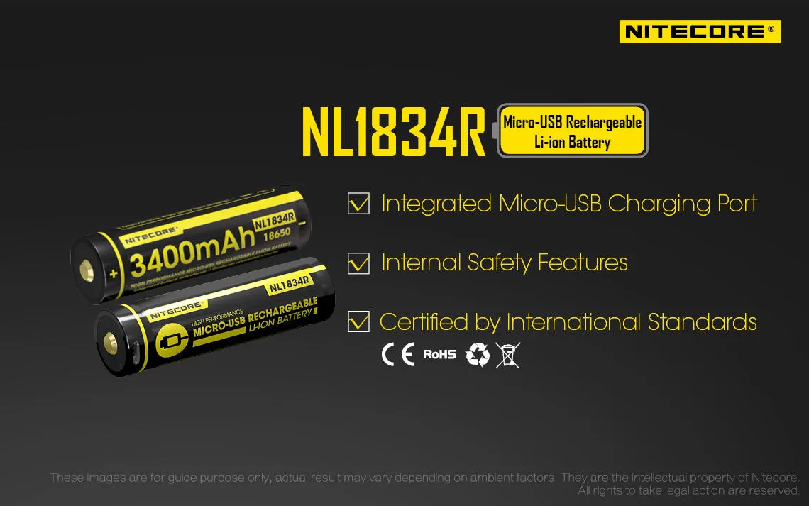 Nitecore NL1834R 3400mAh High-Drain 3.6 V 18650 Battery - USB Charging Port