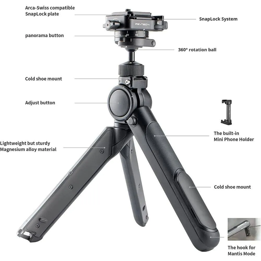 PGYTECH MantisPod Pro Vlogging Camera Tripod with SnapLock Arca-Type Quick Release Plate, Mini Smartphone Holder, and Cold Shoe Mount | P-CG-020