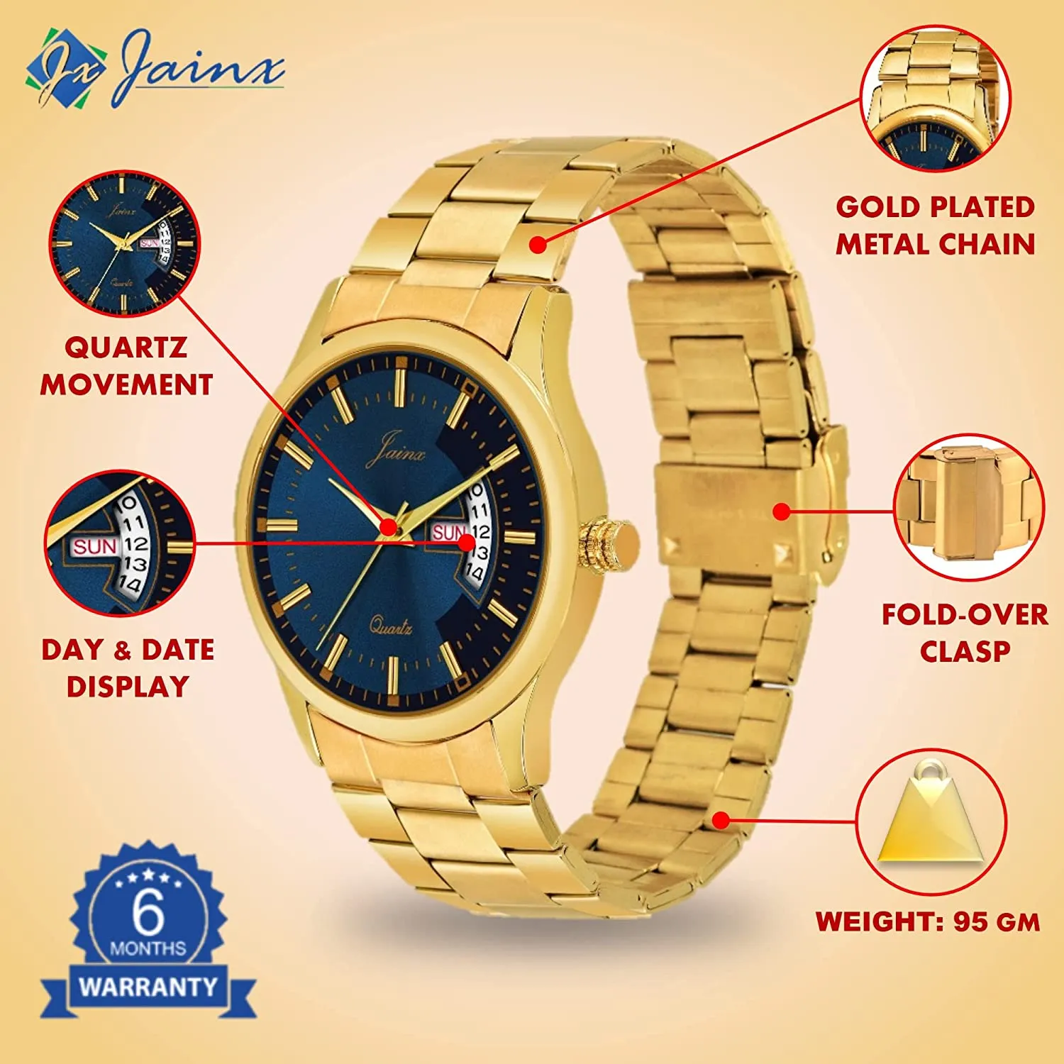 Premium Day and Date Function Blue Dial Golden Analog Watch For Men - JM1169