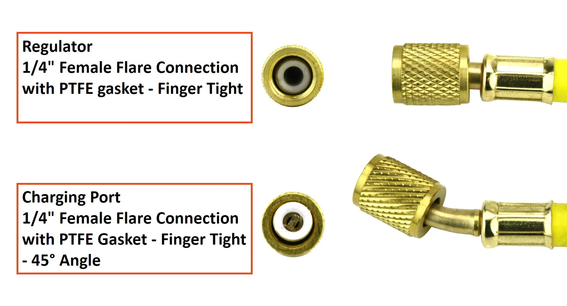 Refrigeration Hose - 60" (150cm) - Working Pressure: 800 PSI -1/4" Female Flare Brass Knurled  Fittings with PTFE Gasket Seats - 45º Angle Connector.