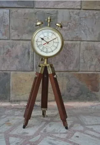 S A Enterprises Brass Floor Table Clock with Wooden Tripod Stand (Brown)