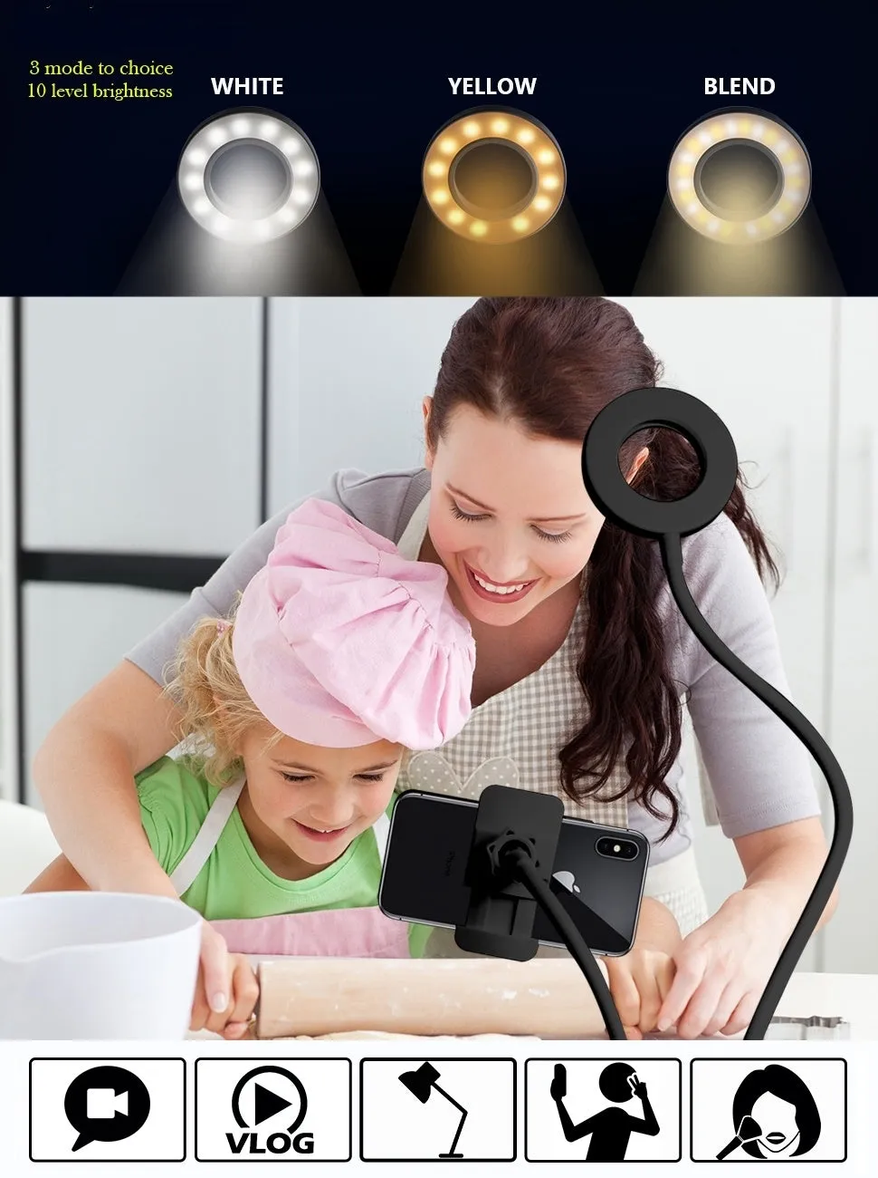 Selfie Ring Light with Cell Phone Holder Stand Clip for Live Stream/Makeup, LED Camera Lighting [3-Light Mode] [10-Level Brightness] with Flexible Arms