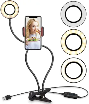 Selfie Ring Light with Cell Phone Holder Stand Clip for Live Stream/Makeup, LED Camera Lighting [3-Light Mode] [10-Level Brightness] with Flexible Arms