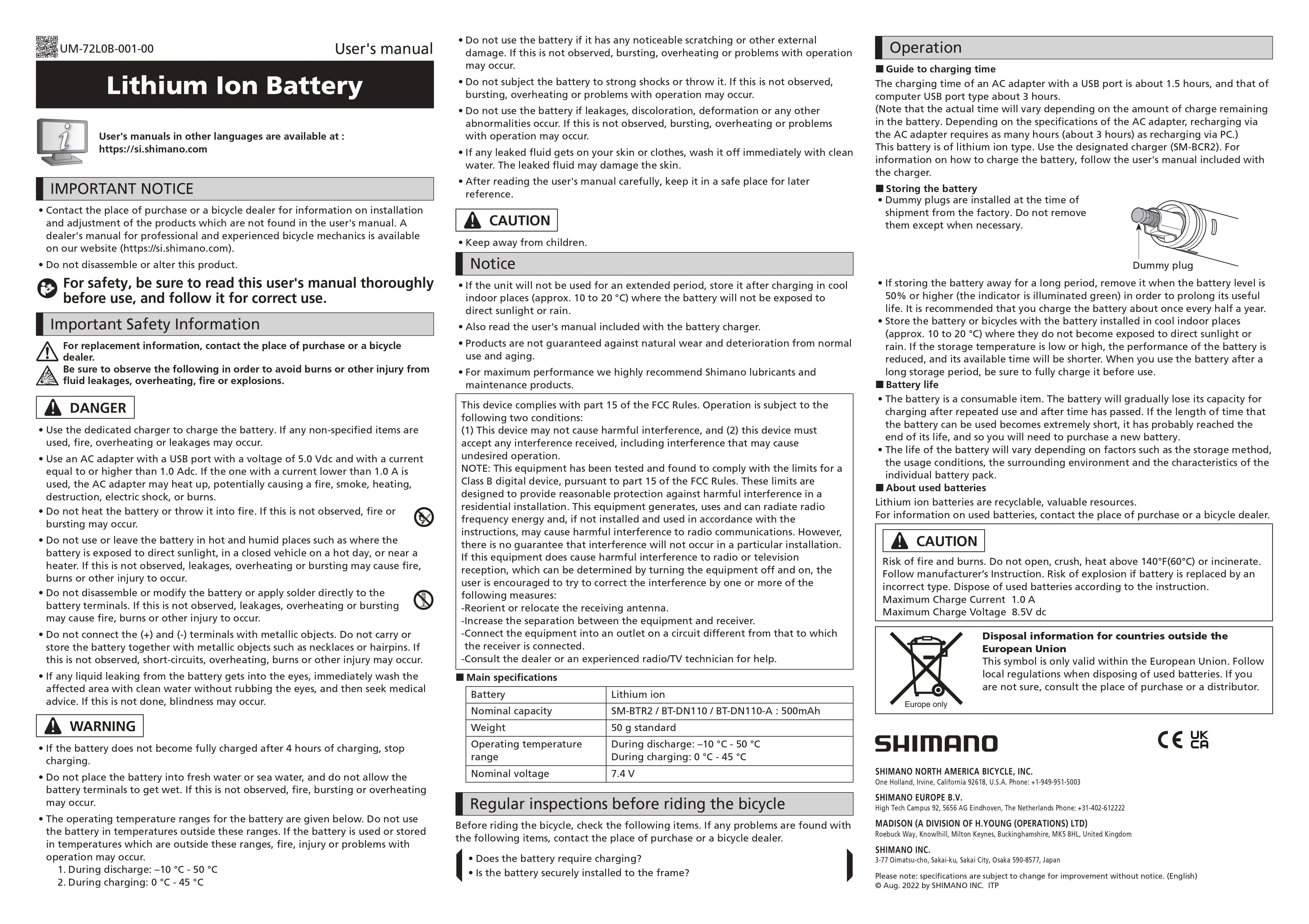 SHIMANO BT-DN110A-7 Built-In Type Di2 Internal Battery