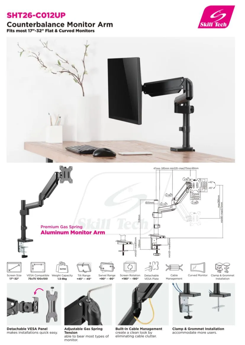 Single Monitor Gas Spring Mount with Usb Ports - SH T26C012UP (Fits Most 17" ~ 32")