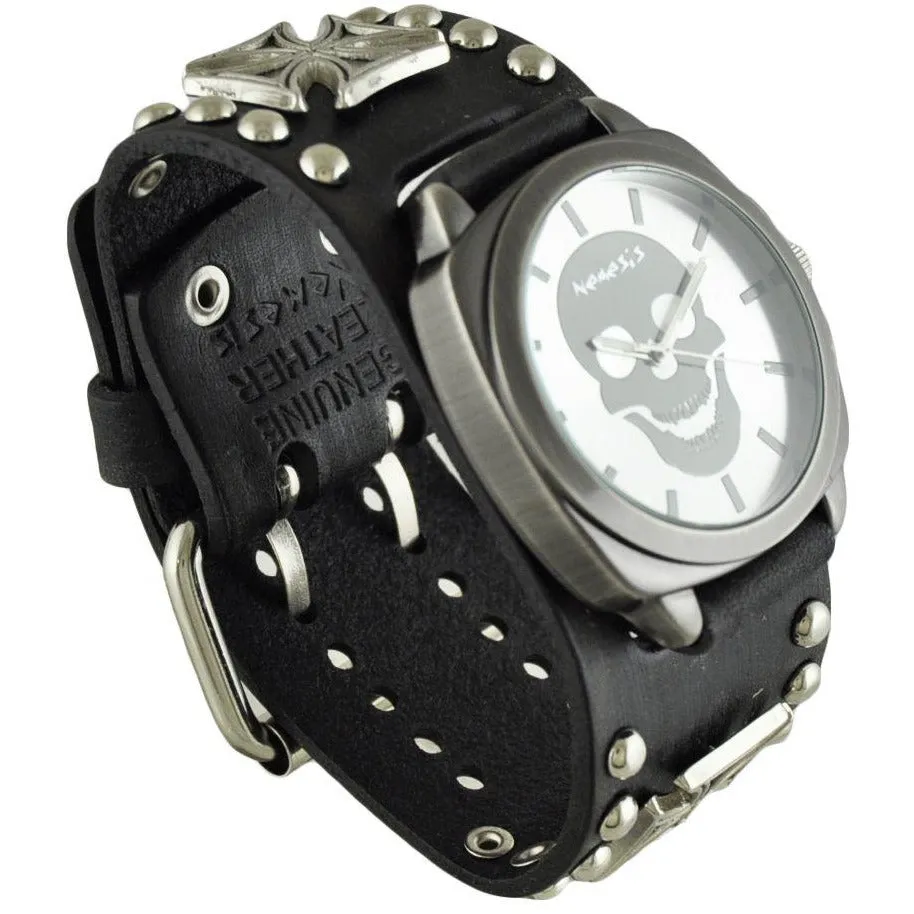 Skull Silver Watch with Iron Cross Studded Black Leather Cuff