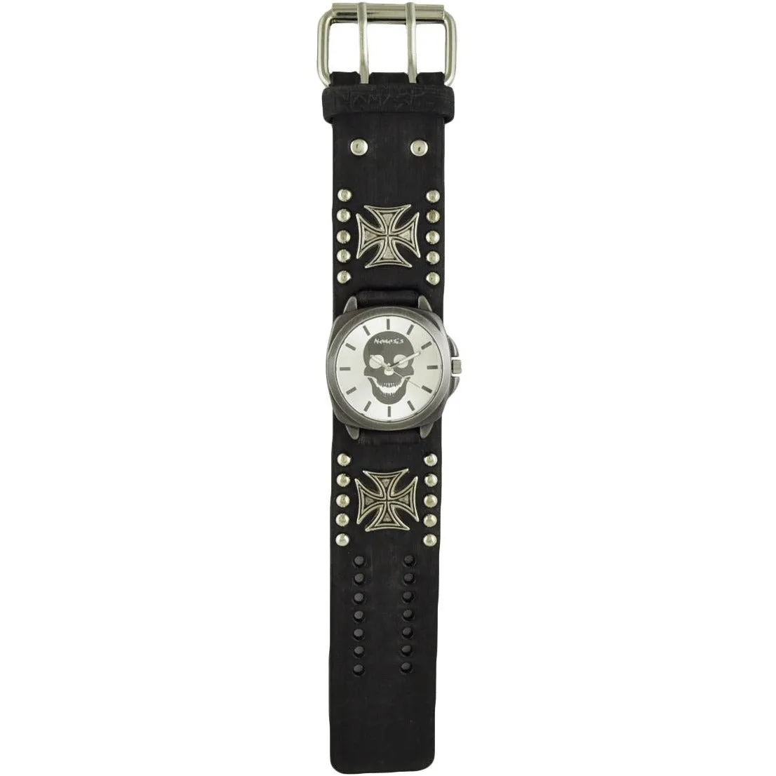 Skull Silver Watch with Iron Cross Studded Black Leather Cuff