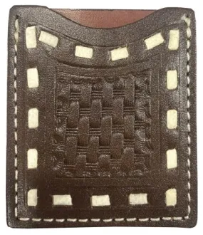 Stick On Basket Tooled Dark Leather Cell Phone Card Wallet with Rawhide Lacing.