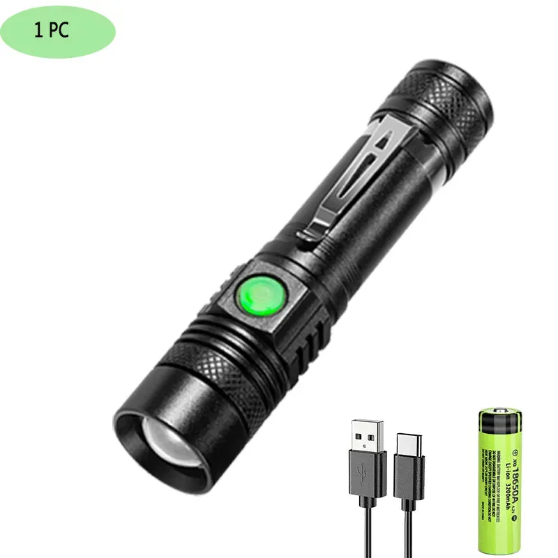 Super Bright T6 LED Lamp Beads Flashlight External 18650 Battery Flash Light  Waterproof Torch Zoom 3 Lighting Modes USB Charger