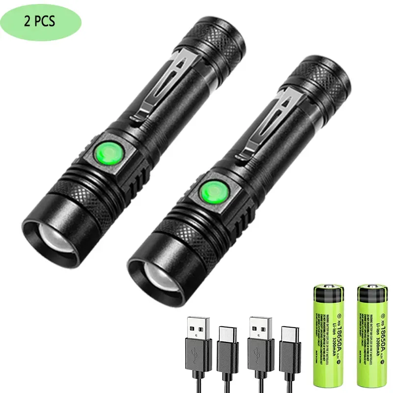 Super Bright T6 LED Lamp Beads Flashlight External 18650 Battery Flash Light  Waterproof Torch Zoom 3 Lighting Modes USB Charger