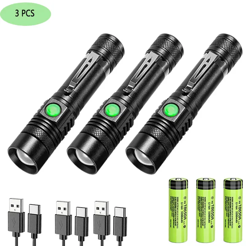 Super Bright T6 LED Lamp Beads Flashlight External 18650 Battery Flash Light  Waterproof Torch Zoom 3 Lighting Modes USB Charger