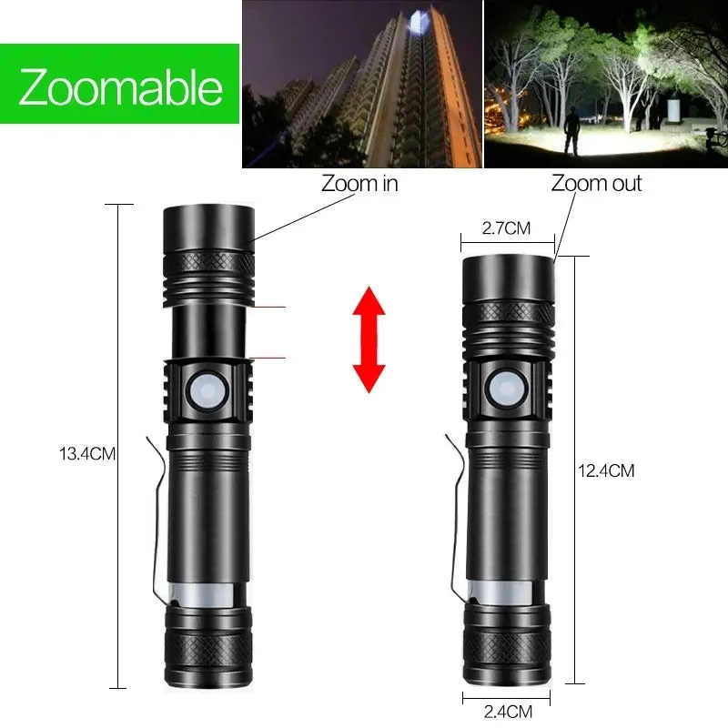 Super Bright T6 LED Lamp Beads Flashlight External 18650 Battery Flash Light  Waterproof Torch Zoom 3 Lighting Modes USB Charger