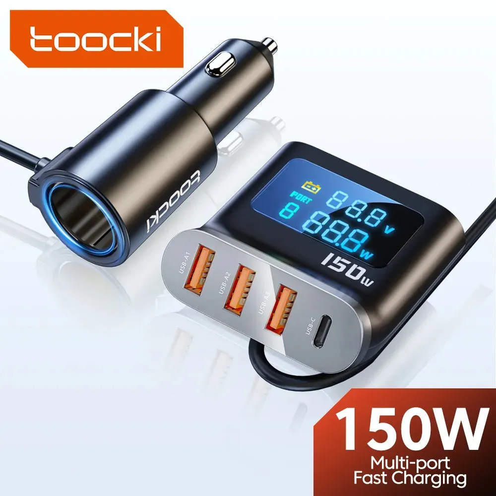 Toocki 150W 5 in 1 Car Charger Fast Charge USB Type C QC PD 3.0 1 Socket Cigarette Lighter Splitter Chargers DC Cigarette Outlet