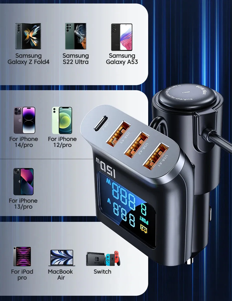 Toocki 150W 5 in 1 Car Charger Fast Charge USB Type C QC PD 3.0 1 Socket Cigarette Lighter Splitter Chargers DC Cigarette Outlet